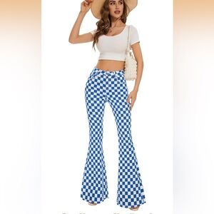 Blue and White Checkered Flare Pants